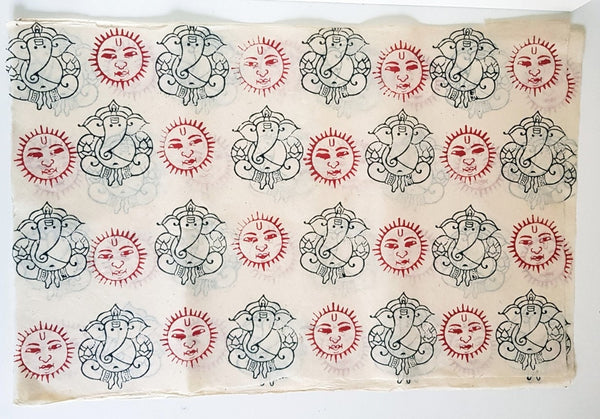 Ganesh and Sun Block Printed on Lokta Paper, Handmade, Tree Free & Sustainable