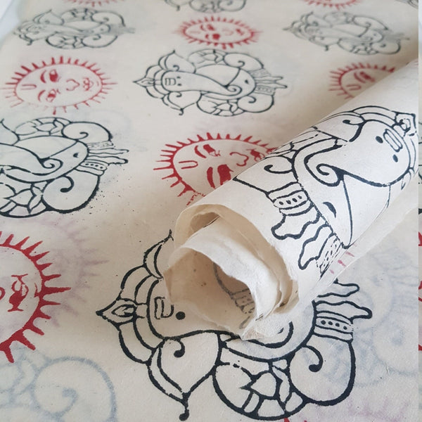 Ganesh and Sun Block Printed on Lokta Paper, Handmade, Tree Free & Sustainable