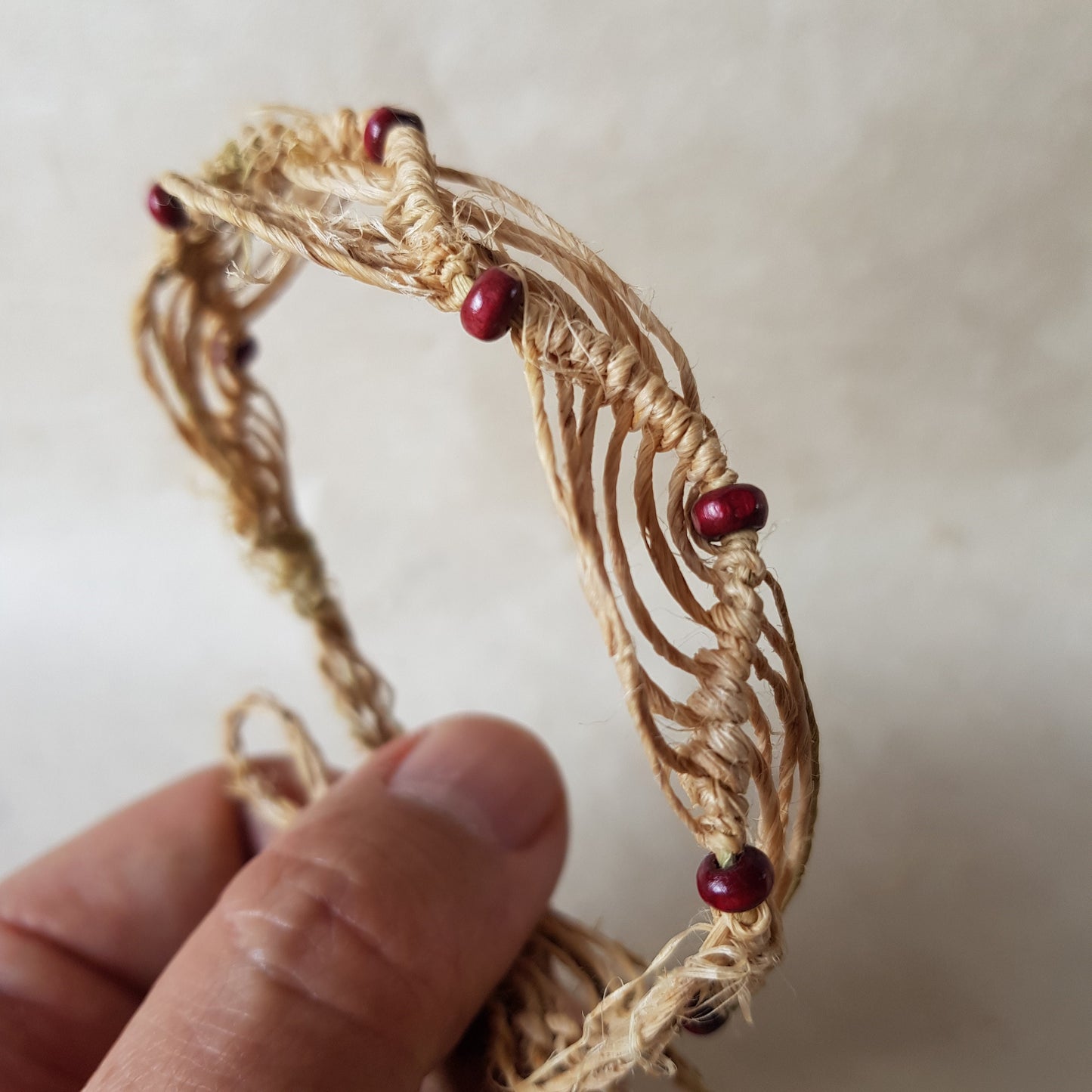 Natural Hemp beaded bracelet; Wave Style with wooden beads.