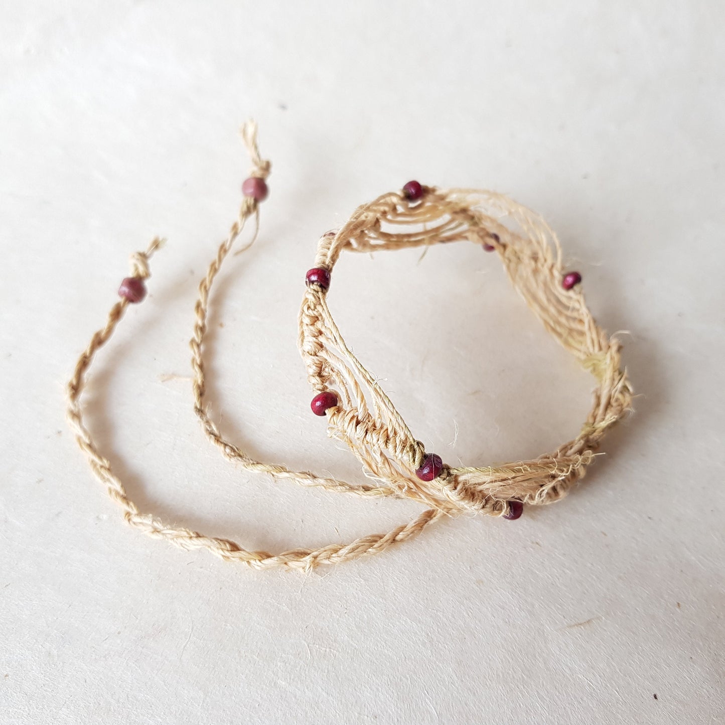 Natural Hemp beaded bracelet; Wave Style with wooden beads.