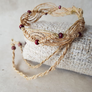 Natural Hemp beaded bracelet; Wave Style with wooden beads.