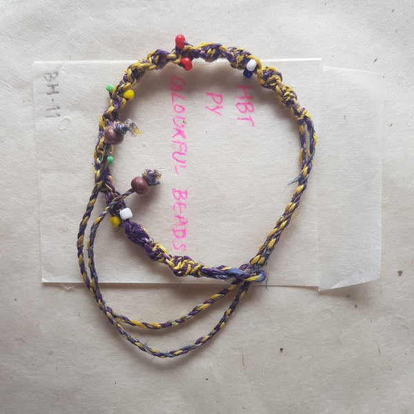 Braided Yellow & Purple Hemp Twisted Cord bracelet; colourful beads