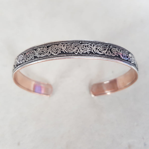 Handmade Pure Copper Bracelet, Floral Design, White metal Plated