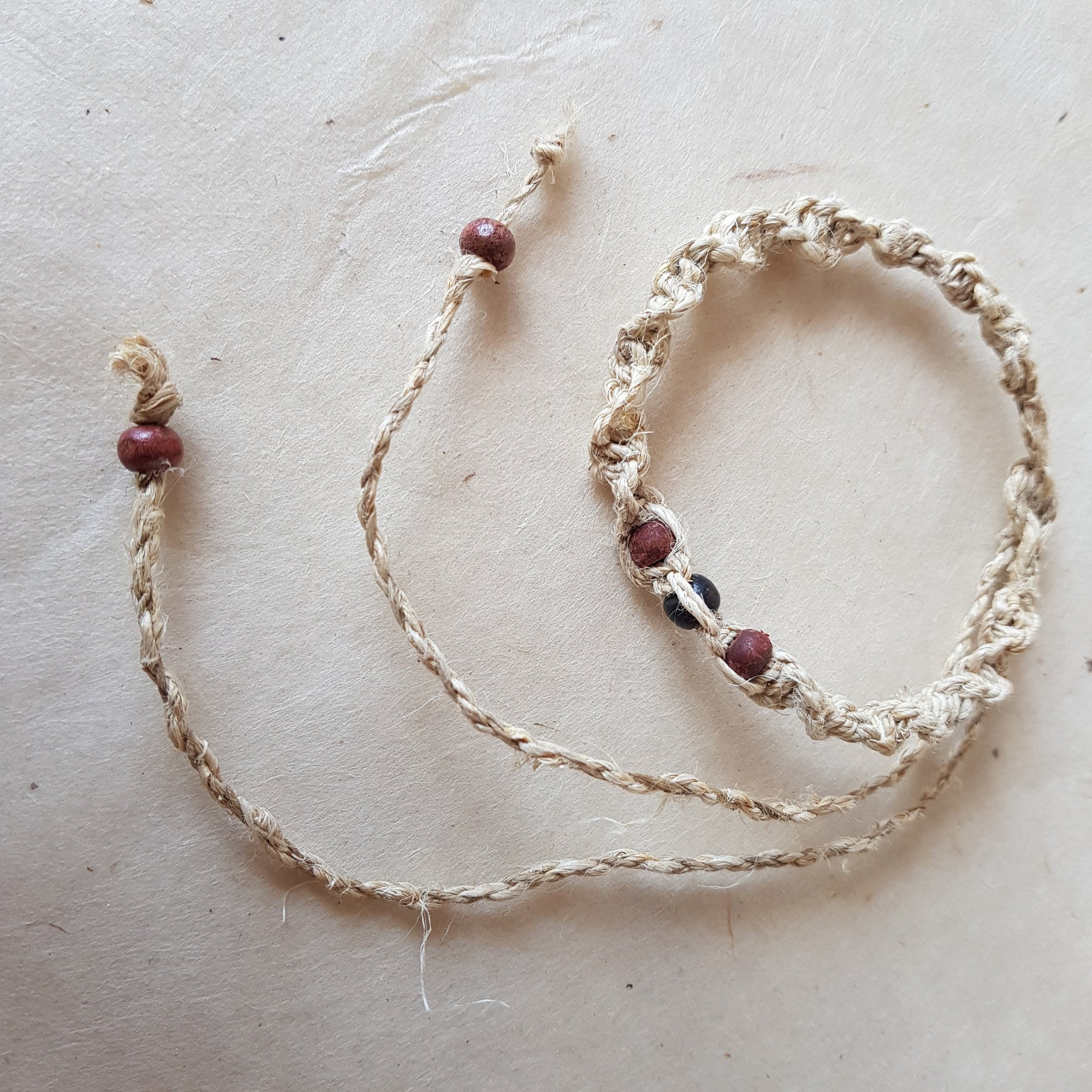 Natural Hemp Twisted Cord bracelet; 3 wooden beads