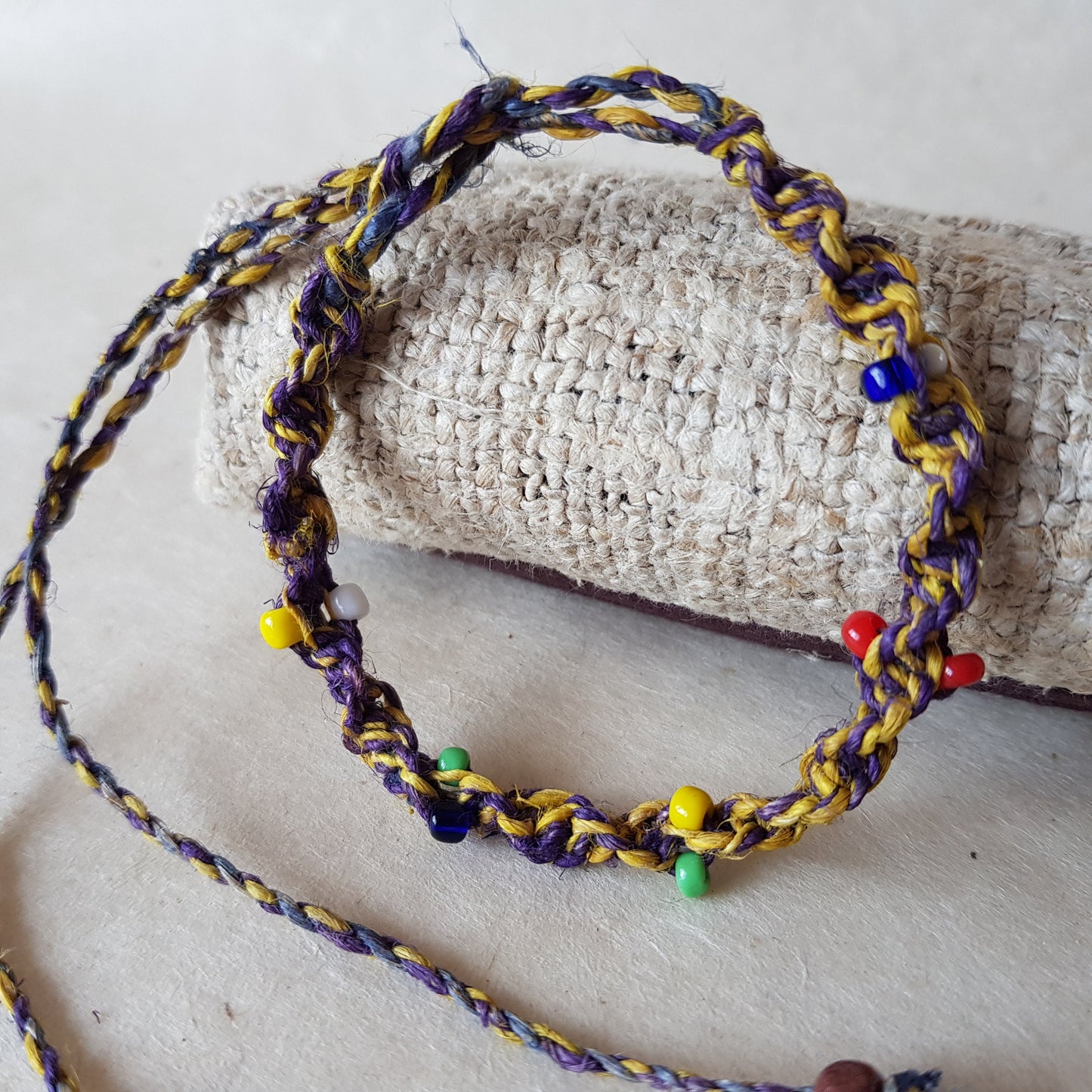 Braided Yellow & Purple Hemp Twisted Cord bracelet; colourful beads