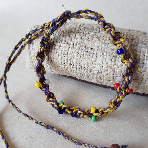 Braided Yellow & Purple Hemp Twisted Cord bracelet; colourful beads