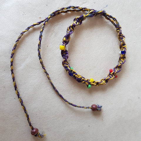 Braided Yellow & Purple Hemp Twisted Cord bracelet; colourful beads