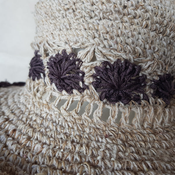 Foldable hemp sun hat with brim, Brown Trim