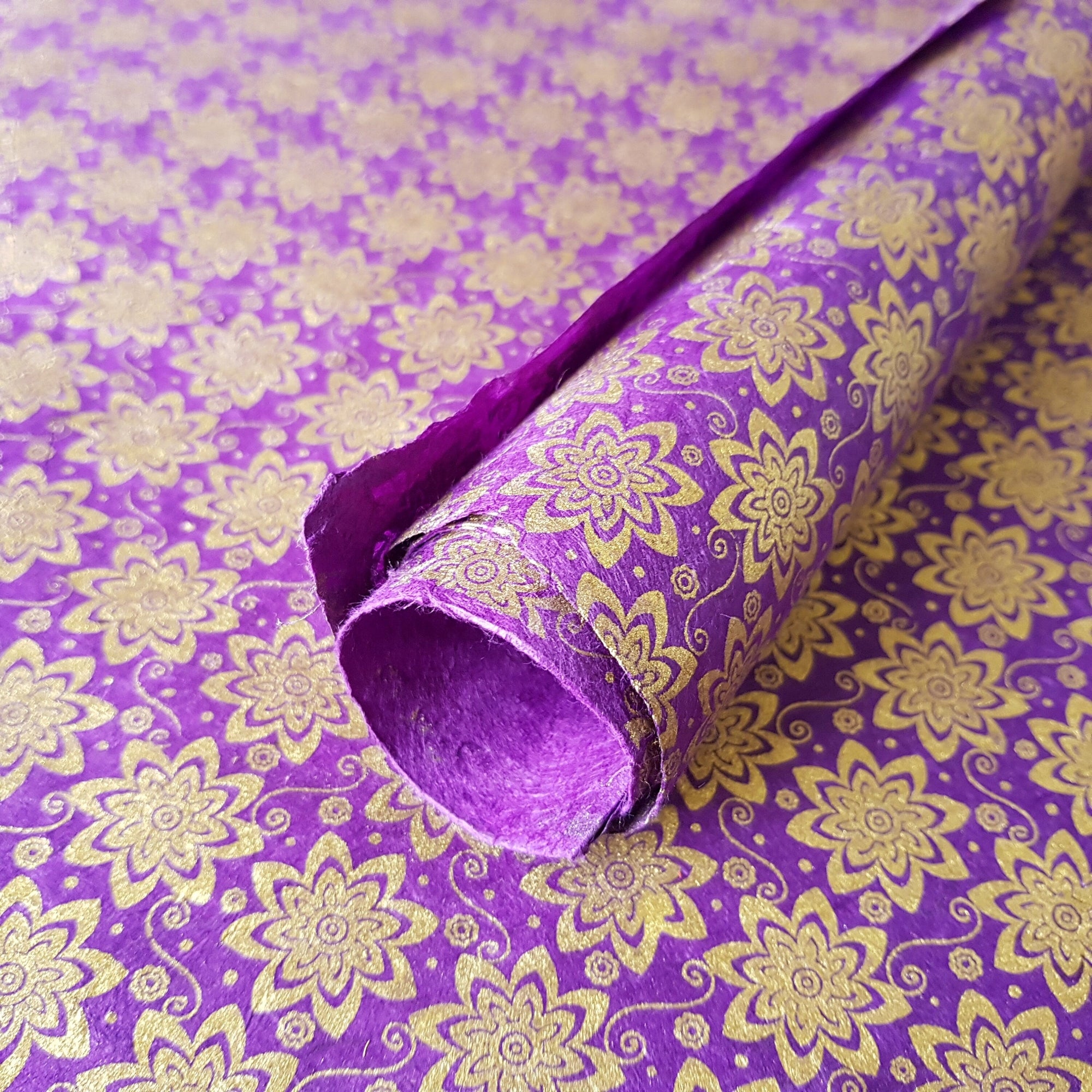 Purple Metallic Gold Floral Print on Lokta Paper, Tree Free & Sustainable