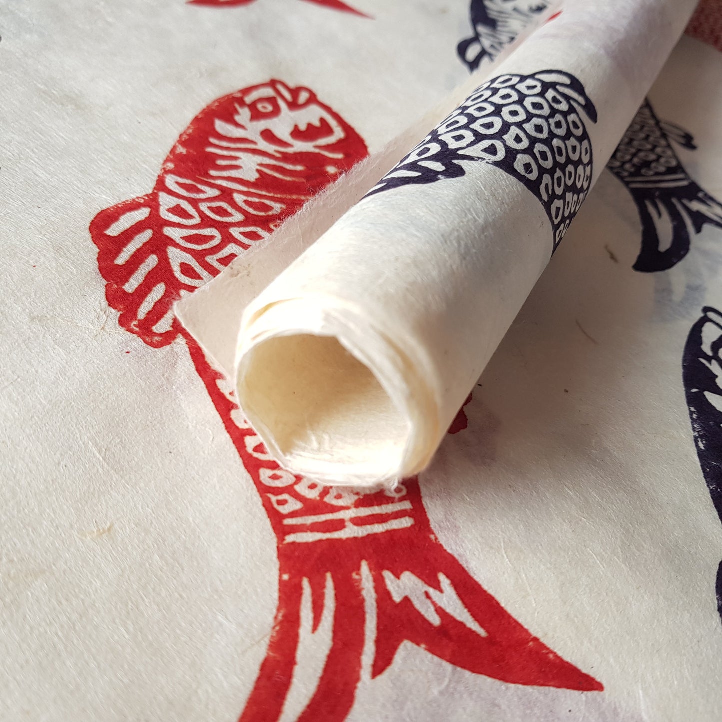 Large Koi Block Printed on Lokta Paper, Handmade, Tree Free & Sustainable