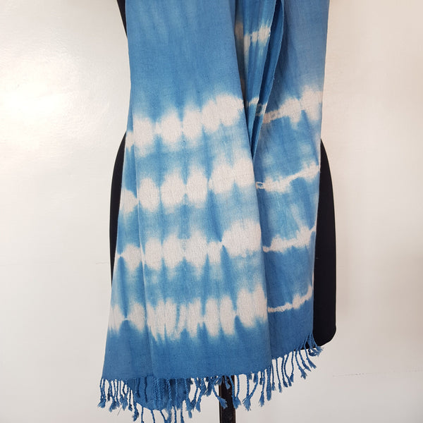 Shibori Handloom Hemp Scarf; Blue & White