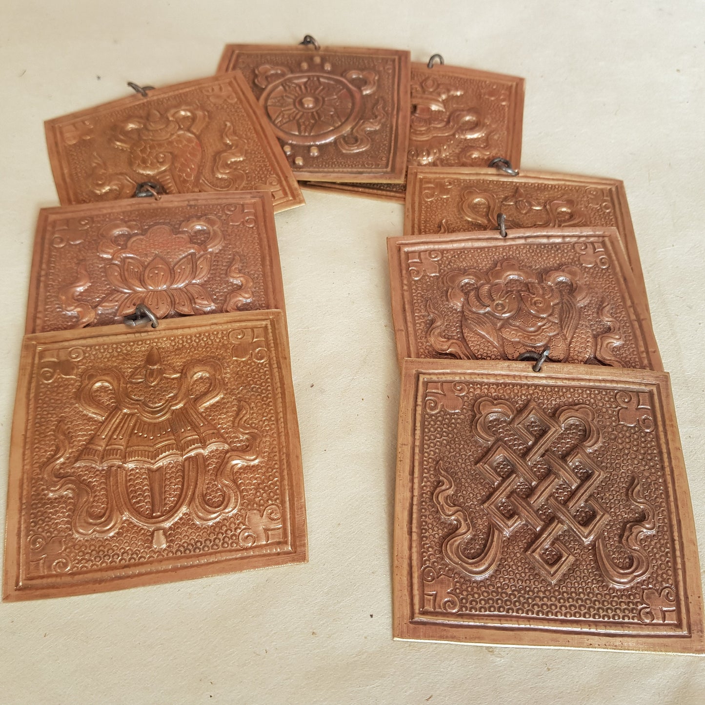 Copper Asthamangala Wall Hanging, Eight Auspicious Tibetan Buddhist Symbols (small)