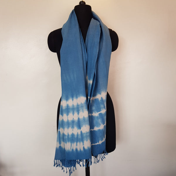 Shibori Handloom Hemp Scarf; Blue & White