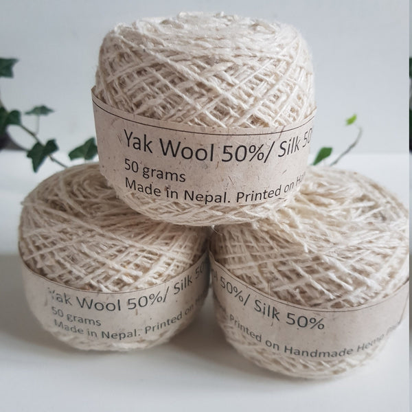 Yak Wool & Silk Yarn, Hand spun, White or Black
