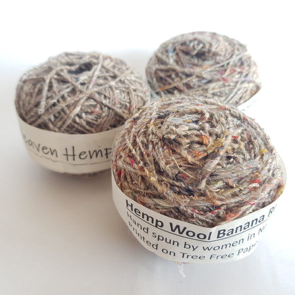 Handspun Hemp, Wool, Banana & Recycled Silk Yarn 50gram.