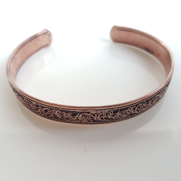 Handmade Pure Copper Cuff, Hand Cut Floral Art.