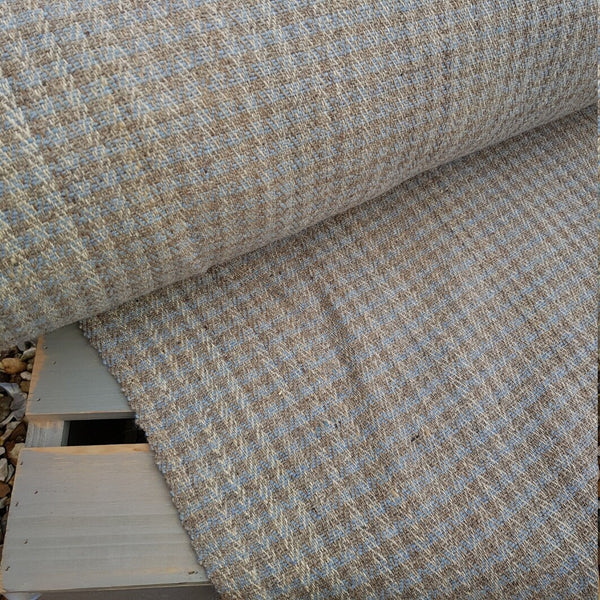 Himalayan Nettle & New Zealand Wool Fabric., Herringbone; Cream with Blue/Natural stripe.