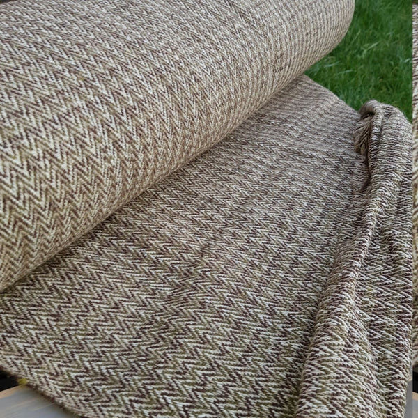 Himalayan Nettle & New Zealand Wool Fabric. Herringbone; Green, brown & natural.