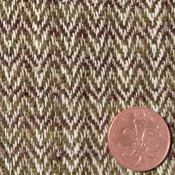 Himalayan Nettle & New Zealand Wool Fabric. Herringbone; Green, brown & natural.