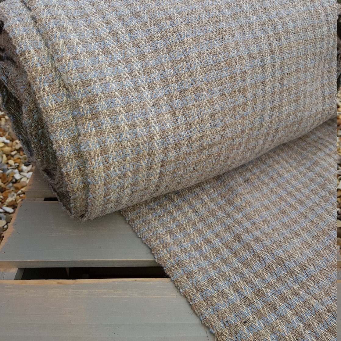 Himalayan Nettle & New Zealand Wool Fabric., Herringbone; Cream with Blue/Natural stripe.