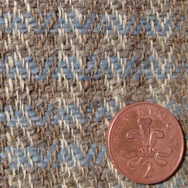 Himalayan Nettle & New Zealand Wool Fabric., Herringbone; Cream with Blue/Natural stripe.