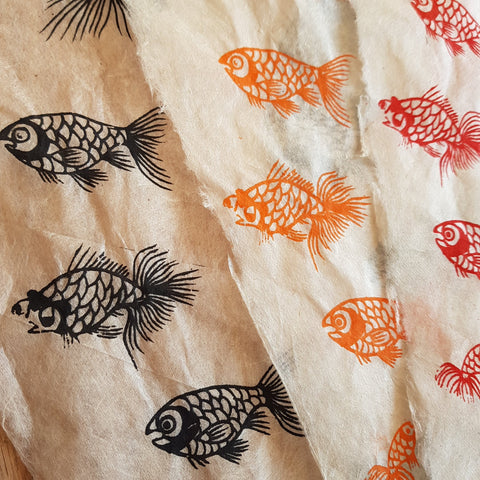 Black Tropical Goldfish Print on Hemp Tissue Paper