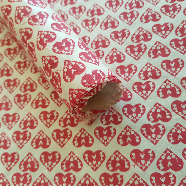 Red Scandi Hearts Print on Lokta Paper, Tree Free & Sustainable