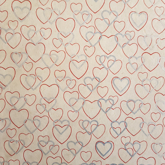Silver and red hearts Print on Lokta Paper, Tree Free & Sustainable