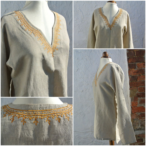 Hemp Ladies Tunic in Sand with Embroidered Gold Neckline, UK18