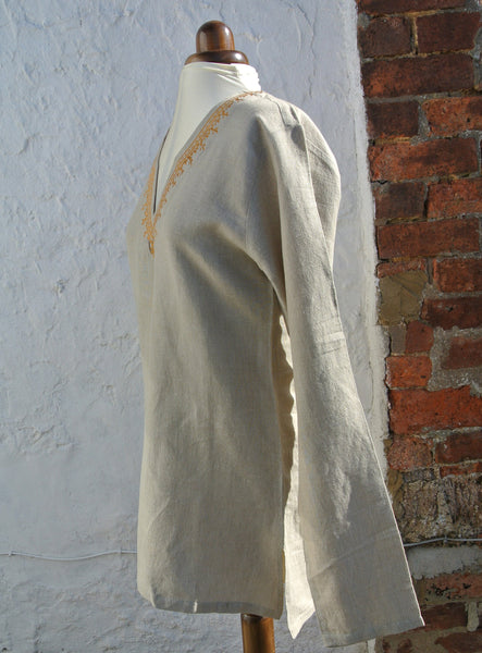 Hemp Ladies Tunic in Sand with Embroidered Gold Neckline, UK18