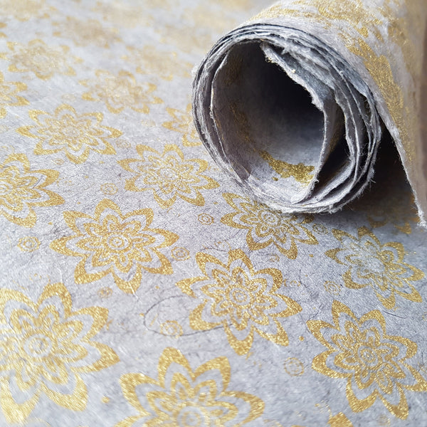 Gray Metallic Gold Floral Print on Lokta Paper, Tree Free & Sustainable