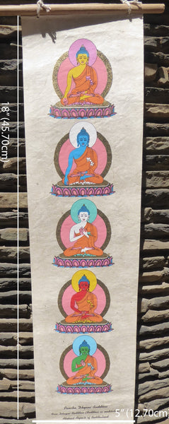 Tibetan Buddhism Wall Hanging 'Pancha Dhyani Buddhas: Meditating Buddhas'