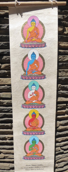 Tibetan Buddhism Wall Hanging 'Pancha Dhyani Buddhas: Meditating Buddhas'