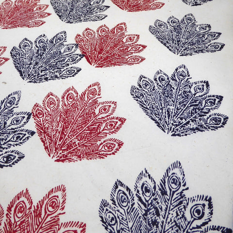 Peacock Feather Block Printed on Lokta Paper, Handmade, Tree Free & Sustainable