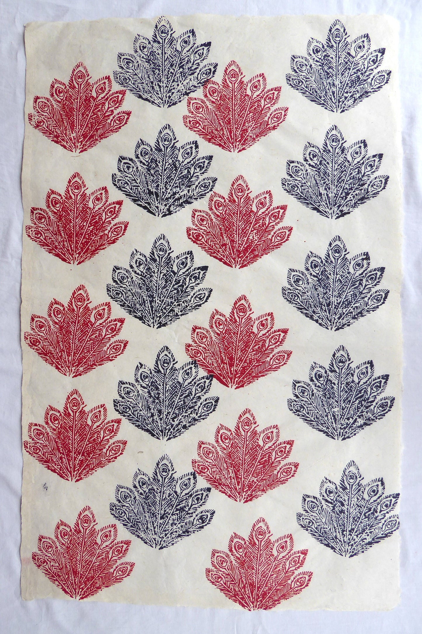 Peacock Feather Block Printed on Lokta Paper, Handmade, Tree Free & Sustainable