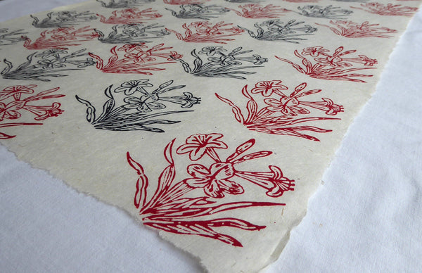 Black and Red Pond Flower Block Printed on Lokta Paper, Handmade, Tree Free & Sustainable