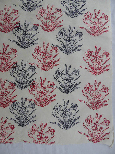 Black and Red Pond Flower Block Printed on Lokta Paper, Handmade, Tree Free & Sustainable