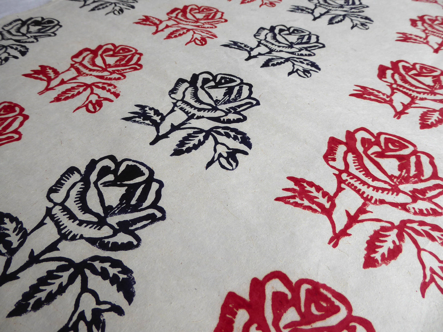 Roses block printed on Lokta Paper, Handmade, Tree-Free & Sustainable