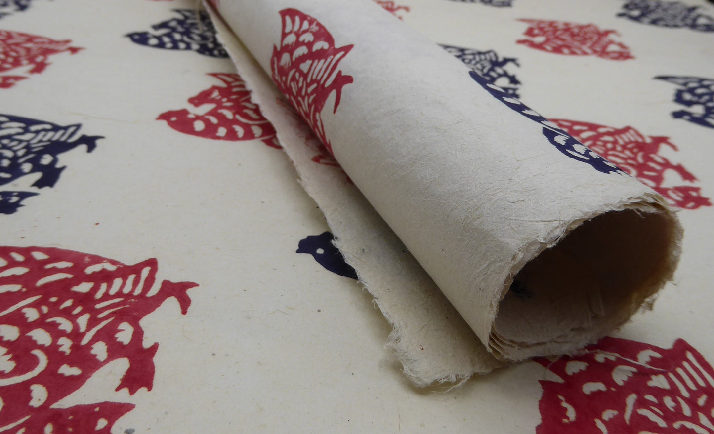 Chickens Block Printed on Lokta Paper, Handmade, Tree Free & Sustainable