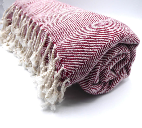 Cashmere blanket, Herringbone; Mulberry and White