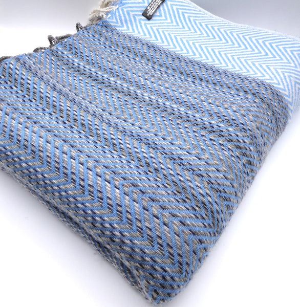 Cashmere blanket, Light Blue, Grey and White chevron