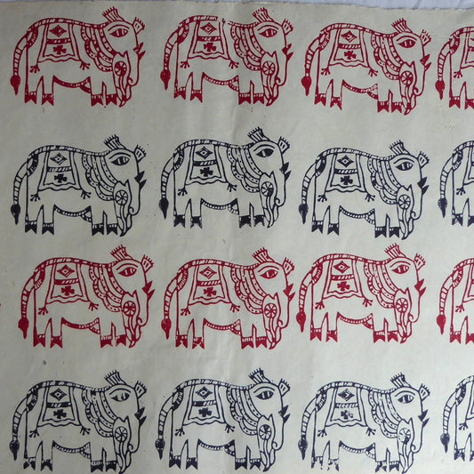 Mithila Elephants Block Printed on Lokta Paper, Handmade, Tree Free & Sustainable