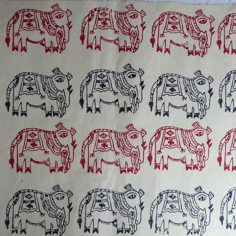 Mithila Elephants Block Printed on Lokta Paper, Handmade, Tree Free & Sustainable