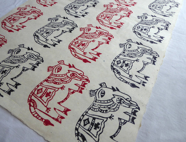 Mithila Elephants Block Printed on Lokta Paper, Handmade, Tree Free & Sustainable