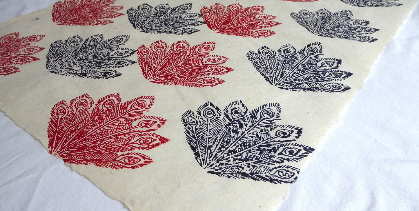 Peacock Feather Block Printed on Lokta Paper, Handmade, Tree Free & Sustainable