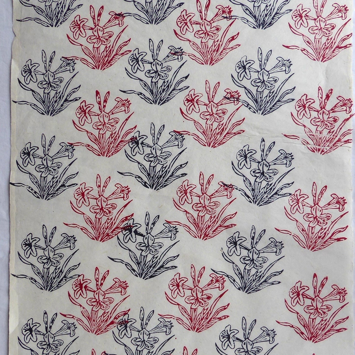 Black and Red Pond Flower Block Printed on Lokta Paper, Handmade, Tree Free & Sustainable
