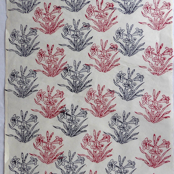 Black and Red Pond Flower Block Printed on Lokta Paper, Handmade, Tree Free & Sustainable