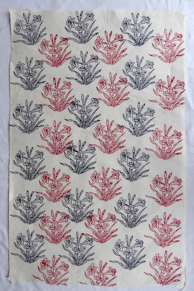 Black and Red Pond Flower Block Printed on Lokta Paper, Handmade, Tree Free & Sustainable