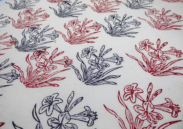 Black and Red Pond Flower Block Printed on Lokta Paper, Handmade, Tree Free & Sustainable