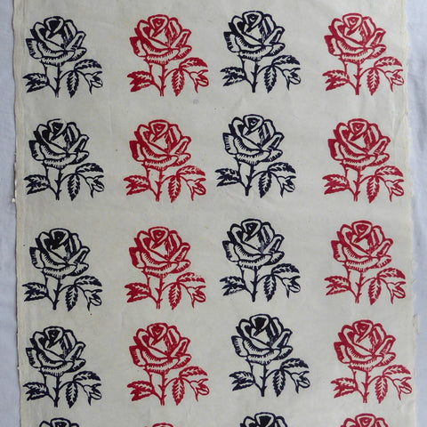 Roses block printed on Lokta Paper, Handmade, Tree-Free & Sustainable